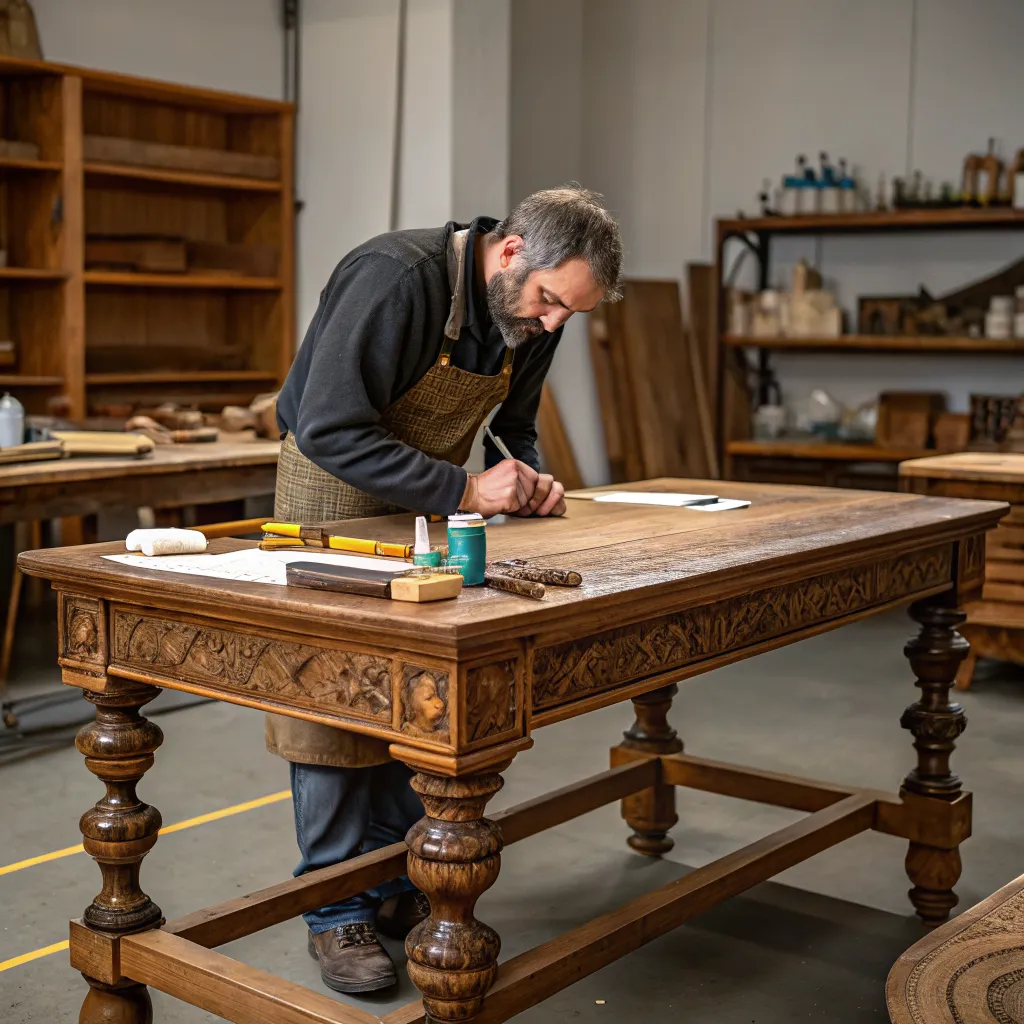 Craftsman restoring antique wooden table in workshop
